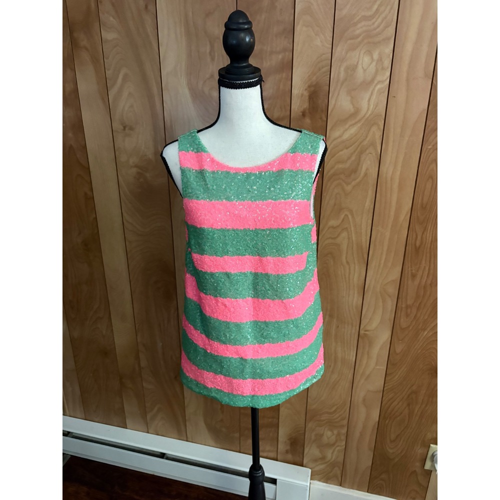 Lilly Pulitzer Pink Green Striped Sequin Sleeveless Top XS Party Holiday Sparkle